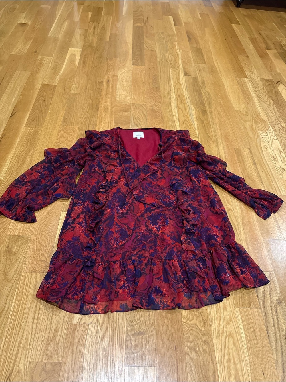 cinq a sept Red and Purple Floral Ruffle Dress
